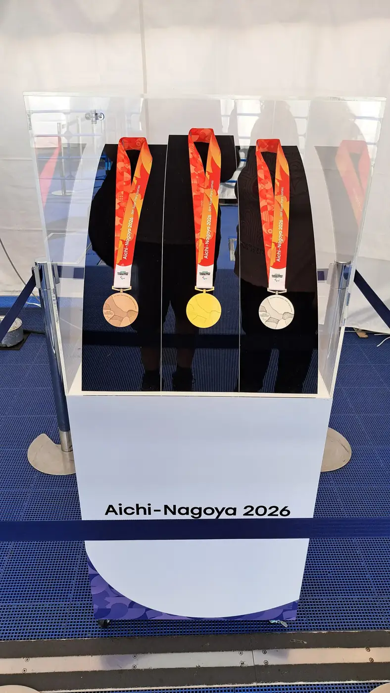 The medals of the 5th Asian Para Games on display in Aichi-Nagoya, October 18, 2026.