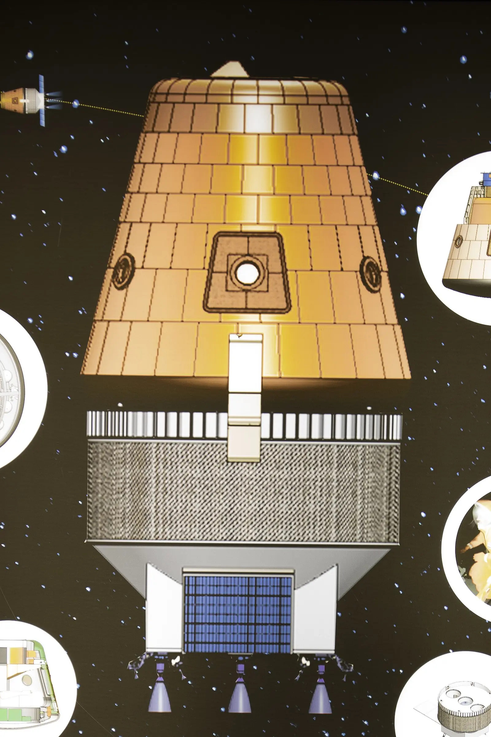 File photo: an infographic of the Gaganyaan crew and service modules in integrated configuration, shown at the Bangalore Space Expo in 2018.