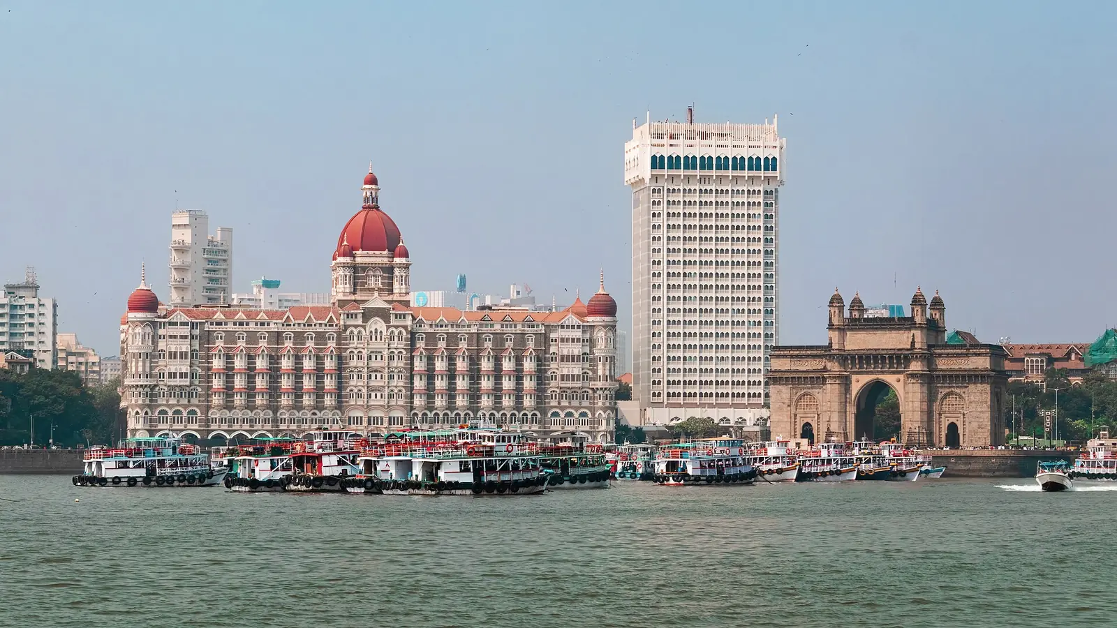 File photo: the Taj Mahal Palace hotel and Taj Tower beside the Gateway of India in Mumbai, 2023.